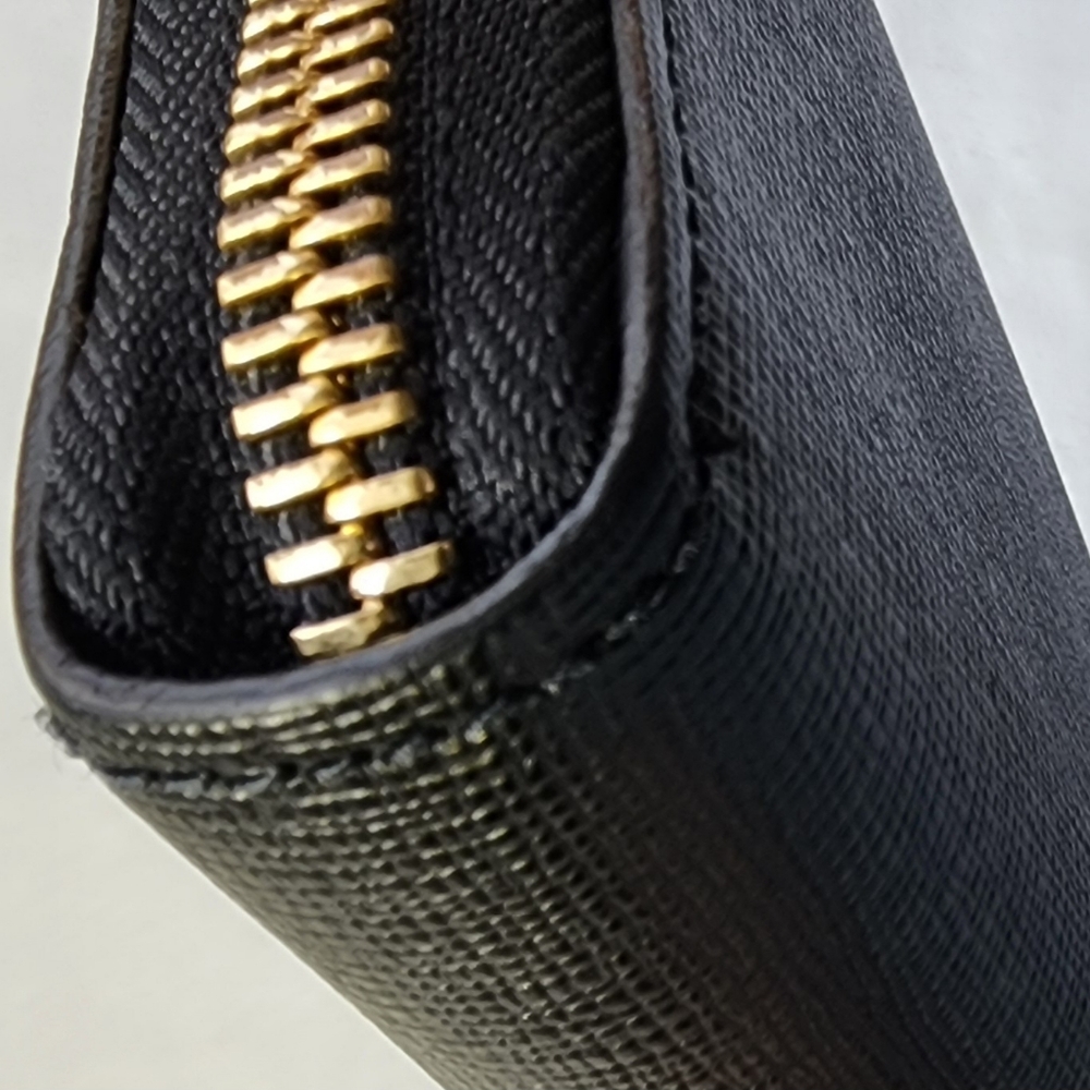 FURLA Saffiano Leather Zip Around Long Wallet Black Gold Logo Women's Italy EUC - Picture 6 of 15